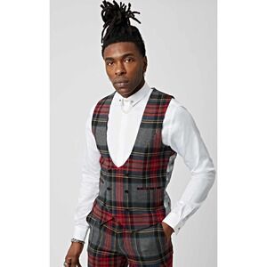 Twisted Tailor Cardosi Grey and Red Tartan Waistcoat Mens 40R Double Breasted